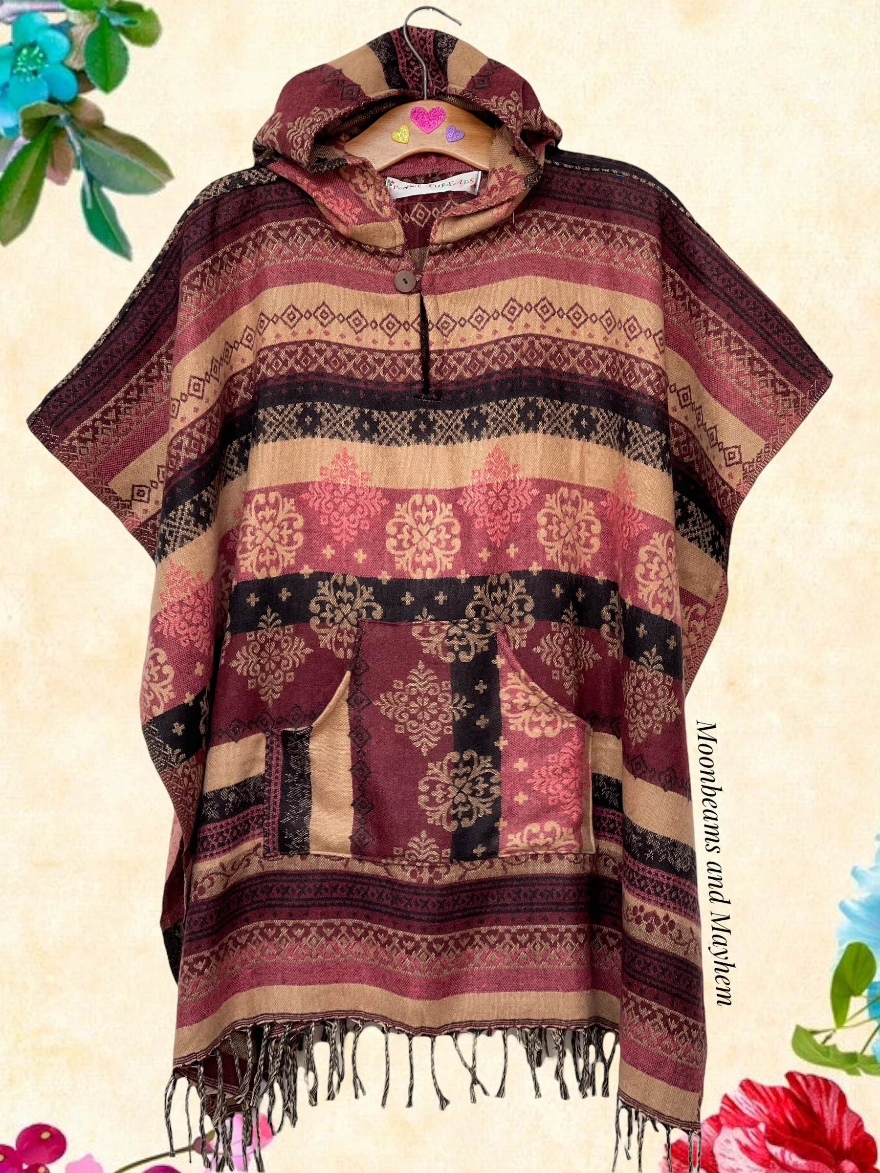 INDIAN RED FRINGED PONCHO - FREE SIZE - Image 3