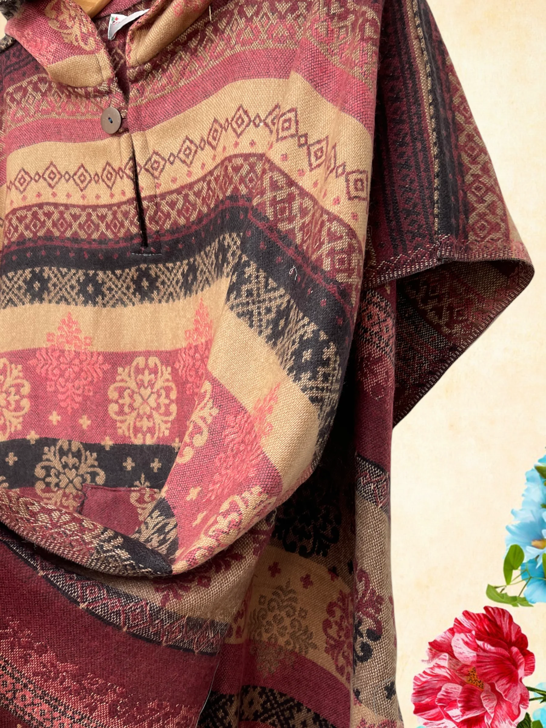 INDIAN RED FRINGED PONCHO - FREE SIZE - Image 4